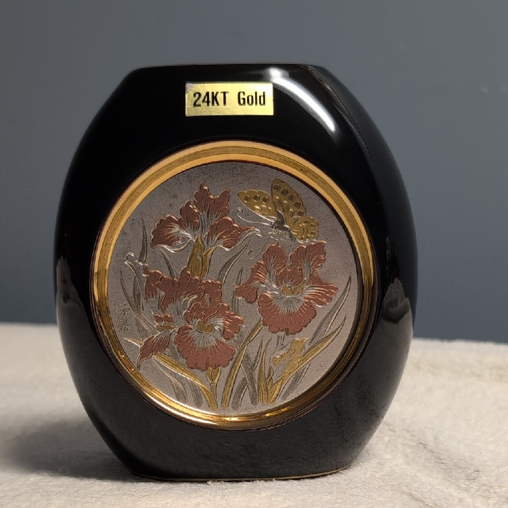 Art Of Chokin 24KT Gold Trim Japanese Floral and Butterfly Black Vase
